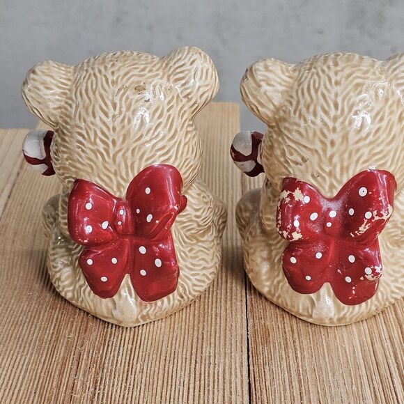 Vintage Ceramic Bear Figurine Set Of Two Holding Candy Canes 3"x 2.5" Minis - Picture 4 of 8